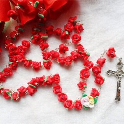 Catholic ROSARY-RED Rose Flower Ceramic bead with a Crucifix -NEW