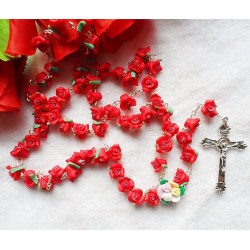 Catholic ROSARY-RED Rose Flower Ceramic bead with a Crucifix -NEW