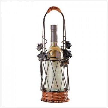 Metal, rattan wine bottle basket